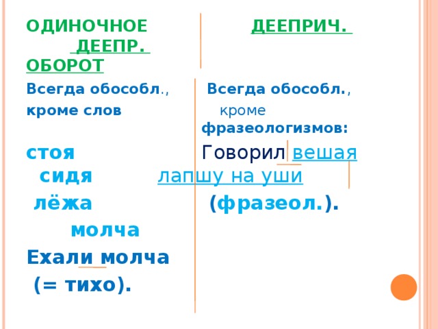 ОДИНОЧНОЕ  ДЕЕПРИЧ.  ДЕЕПР.      ОБОРОТ Всегда обособл ., Всегда обособл. , кроме слов кроме         фразеологизмов: стоя     Говорил  вешая  сидя   лапшу на уши  лёжа ( фразеол. ).     молча  Ехали молча  (= тихо).       