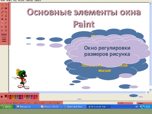 Панель Инструменты Панель Настройка инструментов Строка подсказки Окно регулировки размеров рисунка Панель  Палитра Координаты текущего положения указателя мыши