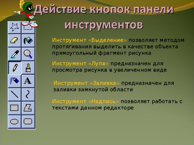 Инструмент «Выделение» позволяет методом протягивания выделить в качестве объекта прямоугольный фрагмент рисунка Инструмент «Лупа» предназначен для просмотра рисунка в увеличенном виде Инструмент «Заливка» предназначен для заливки замкнутой области Инструмент «Надпись» позволяет работать с текстами данном редакторе
