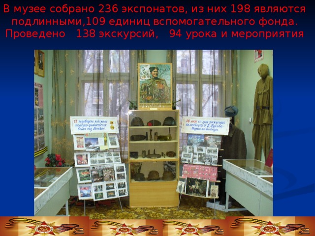 В музее собрано 236 экспонатов, из них 198 являются подлинными,109 единиц вспомогательного фонда. Проведено 138 экскурсий, 94 урока и мероприятия 