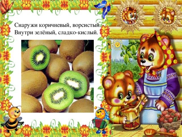 Снаружи коричневый, ворсистый. Внутри зелёный, сладко-кислый. 