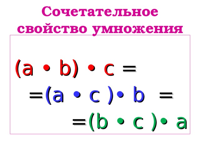 Сочетательное свойство умножения ( a • b) • c = = (a • c )• b = = (b • c )• a 