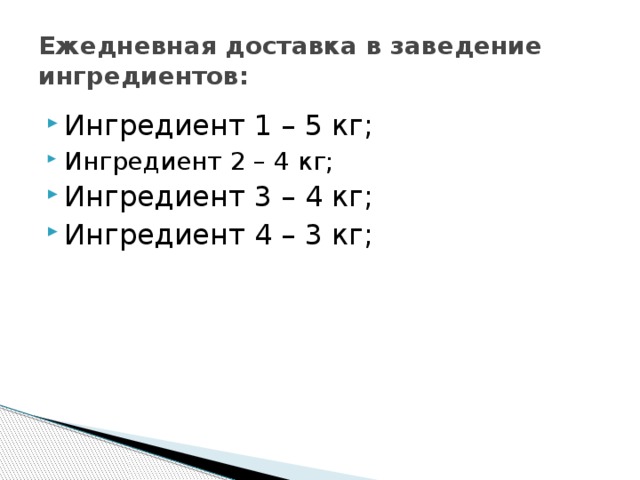 Ежедневная доставка в заведение ингредиентов: