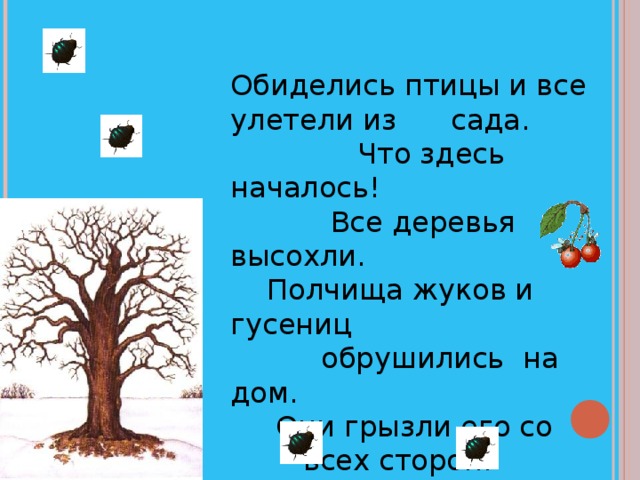 Обиделись птицы и все улетели из сада.  Что здесь началось!  Все деревья высохли.  Полчища жуков и гусениц обрушились на дом.  Они грызли его со  всех сторон.
