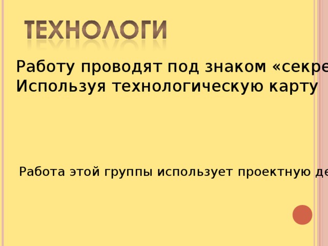 Работу проводят под знаком «секретности» Используя технологическую карту Работа этой группы использует проектную деятельность