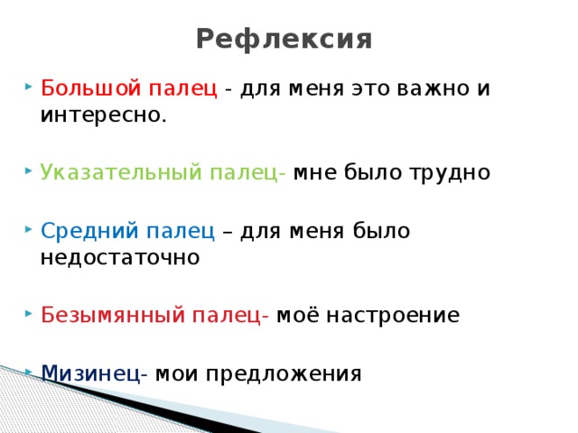 Рефлексия   Большой палец - для меня это важно и интересно. Указательный палец- мне было трудно Средний палец – для меня было недостаточно Безымянный палец- моё настроение Мизинец- мои предложения 