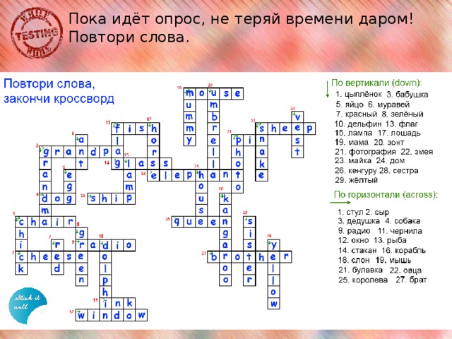 Пока идёт опрос, не теряй времени даром! Повтори слова.  