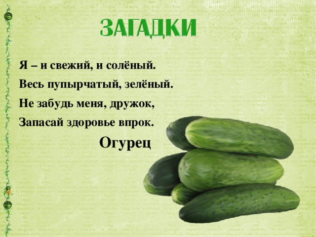 Я – и свежий, и солёный. Весь пупырчатый, зелёный. Не забудь меня, дружок, Запасай здоровье впрок. Огурец