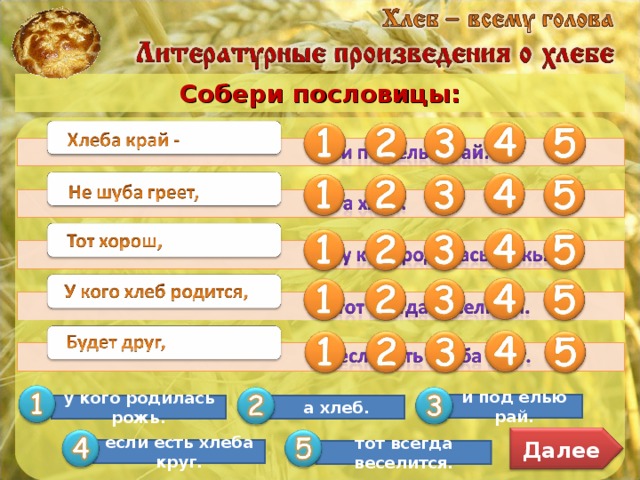 Собери пословицы: и под елью рай. у кого родилась рожь. а хлеб. Далее если есть хлеба круг. тот всегда веселится.