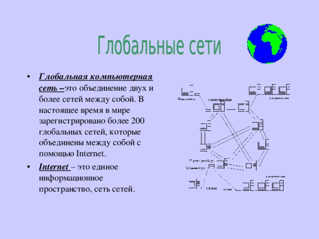 Глобальная компьютерная сеть – это объединение двух и более сетей между собой. В настоящее время в мире зарегистрировано более 200 глобальных сетей, которые объединены между собой с помощью Internet. Internet – это единое информационное пространство, сеть сетей. 