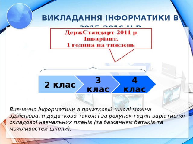 Викладання інформатики в 2015-2016 н.р 2 клас 3 клас 4 клас Упровадження навчального курсу «Сходинки до інформатики» як обов’язкового та введення в дію нової програми здійснюється поетапно. Згідно з Наказом МОНмолодьспорту України № 572 від 10.06.2011 «Про затвердження типових навчальних планів», навчальний предмет «Сходинки до інформатики» (нова назва предмету - « Інформатика » наказ МОН від 16.04.2014 № 460) з 2015/2016 н. р. вивчатиметься і у 4 класах за рахунок інваріантної частини навчальних планів (у 2-му класі з 2013/2014 н.р., в 3-му класі з 2014/2015 н. р.). Звертаємо увагу, що змінено тільки назву предмета, назва програми та підручників залишається «Сходинки до інформатики». Вивчення інформатики в початковій школі можна здійснювати додатково також і за рахунок годин варіативної складової навчальних планів (за бажанням батьків та можливостей школи). 7