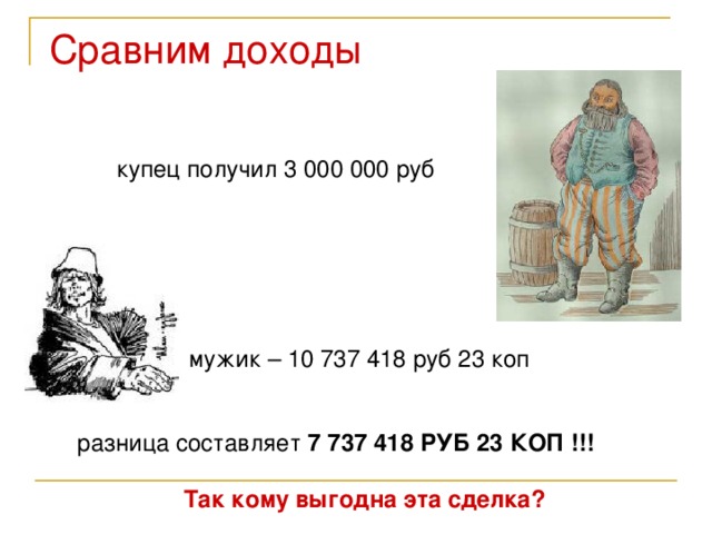 Сравним доходы купец получил 3 000 000 руб мужик – 10 737 418 руб 23 коп разница составляет 7 737 418 РУБ 23 КОП !!! Так кому выгодна эта сделка? 