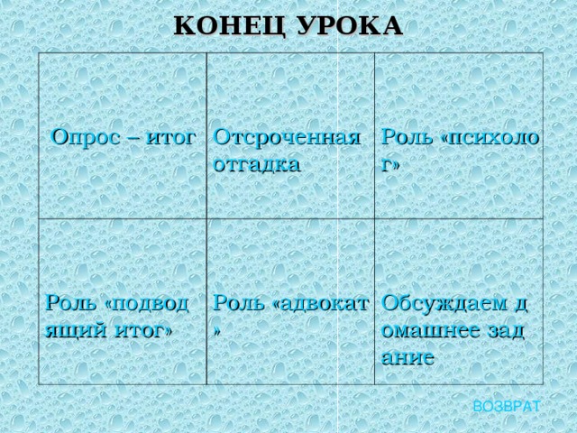 КОНЕЦ УРОКА Опрос – итог Отсроченная отгадка Роль «подводящий итог» Роль «психолог» Роль «адвокат» Обсуждаем домашнее задание ВОЗВРАТ 
