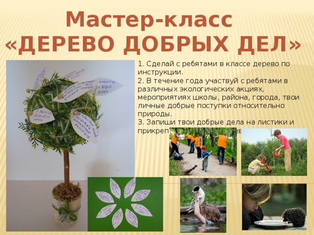 Мастер-класс «ДЕРЕВО ДОБРЫХ ДЕЛ» 1. Сделай с ребятами в классе дерево по инструкции. 2. В течение года участвуй с ребятами в различных экологических акциях, мероприятиях школы, района, города, твои личные добрые поступки относительно природы. 3. Запиши твои добрые дела на листики и прикрепи их на крону дерева. 