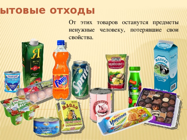 Бытовые отходы От этих товаров останутся предметы ненужные человеку, потерявшие свои свойства. 