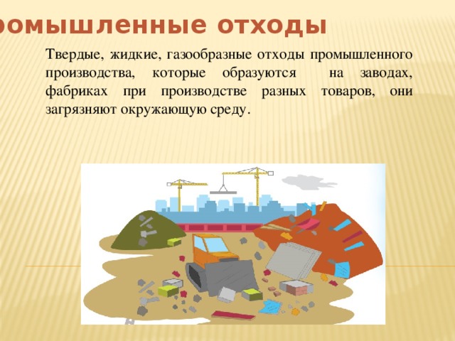 Промышленные отходы Твердые, жидкие, газообразные отходы промышленного производства, которые образуются на заводах, фабриках при производстве разных товаров, они загрязняют окружающую среду. 