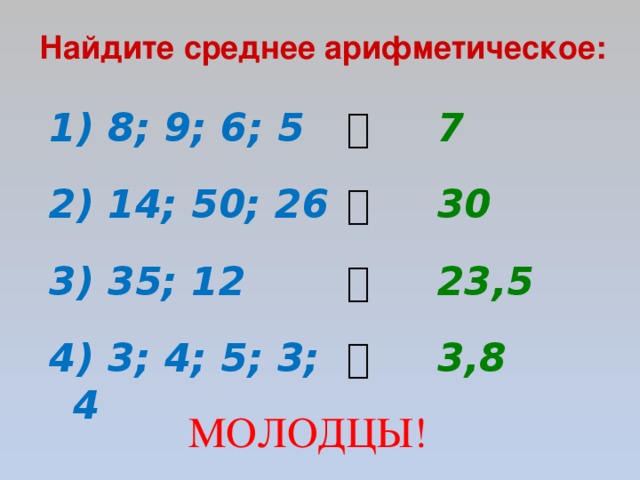 Найдите среднее арифметическое:  8; 9; 6; 5  7   2) 14; 50; 26  30   23,5 3) 35; 12    3,8 4) 3; 4; 5; 3; 4  МОЛОДЦЫ!