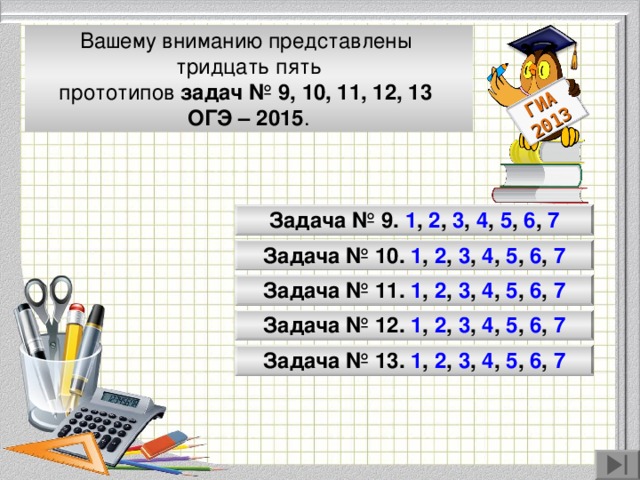 ГИА 2013 Вашему вниманию представлены тридцать пять прототипов задач № 9, 10, 11, 12, 13 ОГЭ – 2015 . Задача № 9. 1 , 2 , 3 , 4 , 5 , 6 , 7 Задача № 10. 1 , 2 , 3 , 4 , 5 , 6 , 7 Модуль «Геометрия» содержит 8 заданий: в части 1 - 5 заданий, в час- ти 2 - 3 задания. Задача № 11. 1 , 2 , 3 , 4 , 5 , 6 , 7 Задача № 12. 1 , 2 , 3 , 4 , 5 , 6 , 7 Задача № 13. 1 , 2 , 3 , 4 , 5 , 6 , 7 
