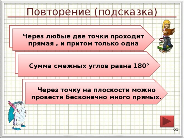 Повторение (подсказка) Сформулируйте аксиому о взаимном расположении прямой и точек. Через любые две точки проходит прямая , и притом только одна Каким свойством обладают смежные углы? Сумма смежных углов равна 180° Сколько прямых можно провести через точку на плоскости? Через точку на плоскости можно провести бесконечно много прямых. 60 