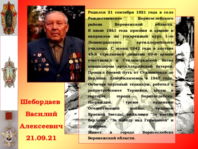 Родился 21 сентября 1921 года в селе Рождественское Борисоглебского района Воронежской области.   В июне 1941 года призван в армию и направлен на ускоренный курс 1-го Ленинградского артиллерийского училища. С осени 1942 года в составе 45-й стрелковой дивизии 62-й армии участвовал в Сталинградской битве командиром артиллерийской батареи. Прошел боевой путь от Сталинграда до Берлина. Демобилизован в 1947 году. Окончив торговый техникум, работал в райпотребсоюзе Терновки, затем в горторге города Борисоглебска. Награжден тремя орденами Отечественной войны, орденом Красной Звезды, медалями 