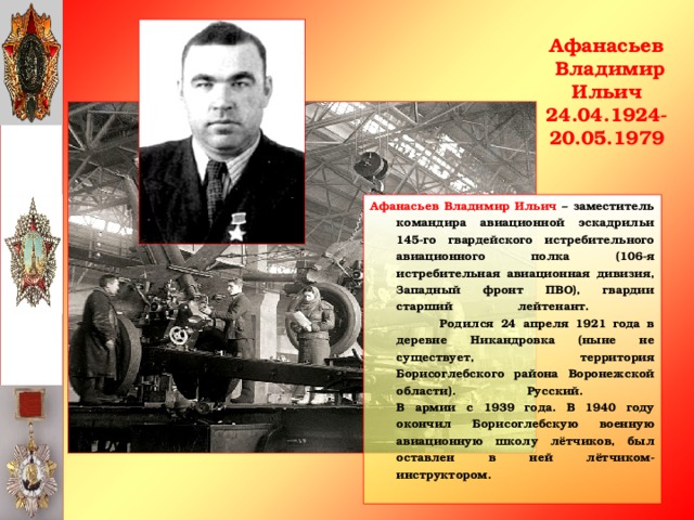 Афанасьев  Владимир Ильич  24.04.1924-20.05.1979 Афанасьев Владимир Ильич – заместитель командира авиационной эскадрильи 145-го гвардейского истребительного авиационного полка (106-я истребительная авиационная дивизия, Западный фронт ПВО), гвардии старший лейтенант.   Родился 24 апреля 1921 года в деревне Никандровка (ныне не существует, территория Борисоглебского района Воронежской области). Русский.  В армии с 1939 года. В 1940 году окончил Борисоглебскую военную авиационную школу лётчиков, был оставлен в ней лётчиком-инструктором.