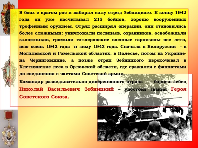 В боях с врагом рос и набирал силу отряд Зебницкого. К концу 1942 года он уже насчитывал 215 бойцов, хорошо вооруженных трофейным оружием. Отряд расширял операции, они становились более сложными: уничтожали полицаев, охранников, освобождали заложников, громили гитлеровские военные гарнизоны все лето, всю осень 1942 года и зиму 1943 года. Сначала в Белоруссии - в Могилевской и Гомельской областях, в Полесье, потом на Украине- на Черниговщине, а позже отряд Зебницкого перекочевал в Клетнянские леса в Орловской области, где сражался с фашистами до соединения с частями Советской армии.   Командир разведывательно-диверсионного отряда - борисоглебец Николай Васильевич Зебницкий – удостоен звания Героя Советского Союза.