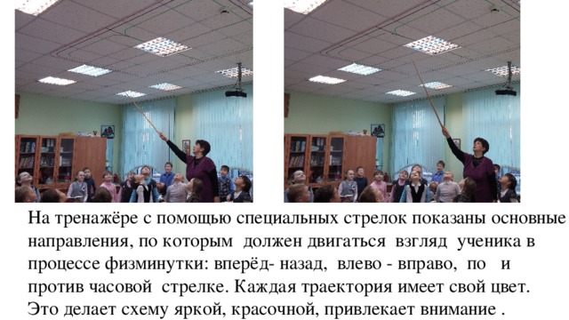 На тренажёре с помощью специальных стрелок показаны основные направления, по которым должен двигаться взгляд ученика в процессе физминутки: вперёд- назад, влево - вправо, по и против часовой стрелке. Каждая траектория имеет свой цвет. Это делает схему яркой, красочной, привлекает внимание .