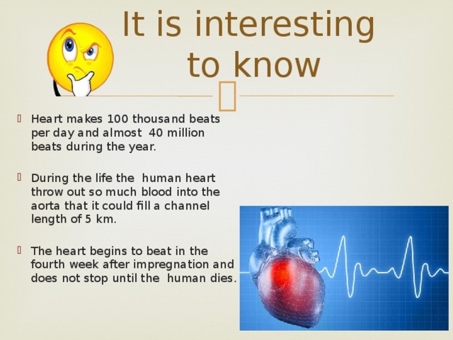 It is interesting  to know Heart makes 100 thousand beats per day and almost 40 million beats during the year. During the life the human heart throw out so much blood into the aorta that it could fill a channel length of 5 km. The heart begins to beat in the fourth week after impregnation and does not stop until the human dies. 