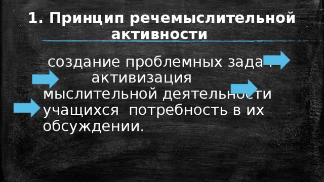 1. Принцип речемыслительной активности  создание проблемных задач   активизация мыслительной деятельности учащихся потребность в их обсуждении. 