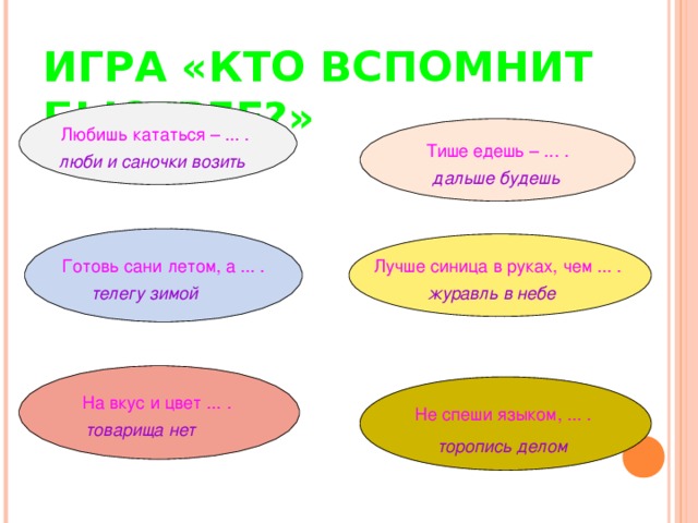 ИГРА «КТО ВСПОМНИТ БЫСТРЕЕ?»  Любишь кататься – ... .  Тише едешь – ... . люби и саночки возить  дальше будешь  Готовь сани летом, а ... .   Лучше синица в руках, чем ... . журавль в небе  телегу зимой  На вкус и цвет ... . Не спеши языком, ... . товарища нет  торопись делом  