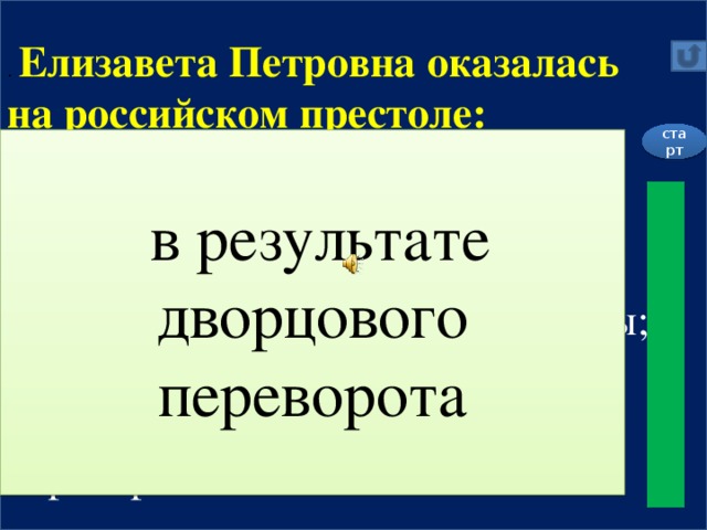 . Елизавета Петровна оказалась на российском престоле: А) по завещанию Петра I;  Б) в ходе выборов на Земском собрании; В) по завещанию Анны Иоанновны;  Г) в результате дворцового переворота старт  в результате дворцового переворота