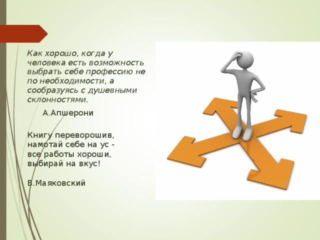 Как хорошо, когда у человека есть возможность выбрать себе профессию не по необходимости, а сообразуясь с душевными склонностями.         А.Апшерони Книгу переворошив,  намотай себе на ус -  все работы хороши,  выбирай на вкус!   В.Маяковский 
