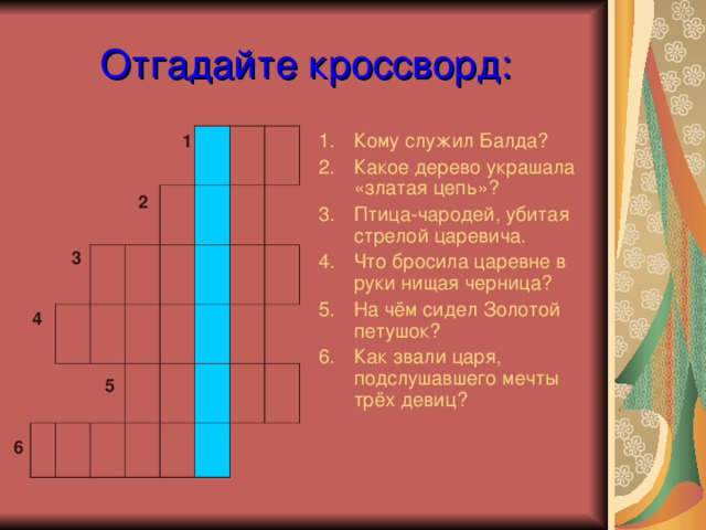 Отгадайте кроссворд: Кому служил Балда? Какое дерево украшала «златая цепь»? Птица-чародей, убитая стрелой царевича. Что бросила царевне в руки нищая черница? На чём сидел Золотой петушок? Как звали царя, подслушавшего мечты трёх девиц? 1 2 3 4 5 6 
