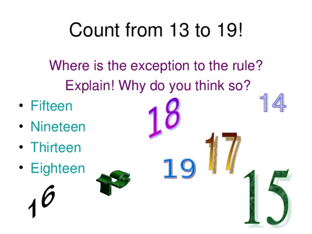 Count from 13 to 19! Where is the exception to the rule?  Explain! Why do you think so? Fifteen Nineteen Thirteen Eighteen 