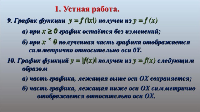 9. График функции y = f (|x|) получен из y = f (x)  а) при х ≥ 0 график остаётся без изменений;  б) при х ˂ 0 полученная часть графика отображается   симметрично относительно оси 0 Y . 10. График функций y = |f(x)| получен из y = f(x) c ледующим  образом  а) часть графика, лежащая выше оси ОХ сохраняется;  б) часть графика, лежащая ниже оси ОХ симметрично   отображается относительно оси О X .