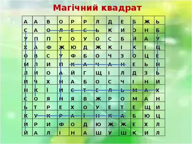 Магічний квадрат А А С А У В О П О Х П А О Л Р Р Ф М В Е Т Ж Л О Л Л С С У И У И Ю Ь И Д О Ф П Н Ч Е О Д К Б Ж С К И К А Х Б С О Й Н А Ї Б К О Ь О Ж И Я Т К А Й Ч І Г Ч Н Ь И Р Н У З С Б Щ К А А Б О Е К Я Т Й Н Р О І І У Х Е Р Е В С И Л А Ц Ц А Л Д Ж Ф Ч О Л Ь Е І І Ь Ї У О Р З Н Н М О Д Н Е Н Ь Ю М К Т А И А Е Ж А Ш Х А У Ж Б Н Щ Ш Е И Ю К Х Ц И Л Л 