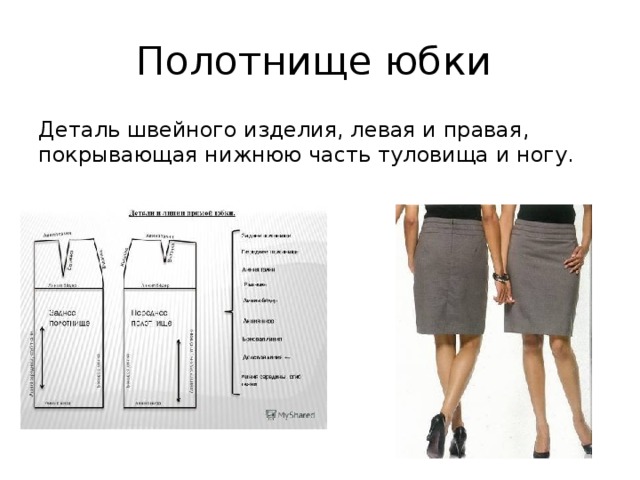 Полотнище юбки Деталь швейного изделия, левая и правая, покрывающая нижнюю часть туловища и ногу.  