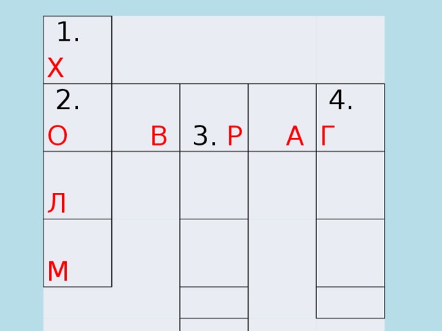                                                                       1. Х   2. О   В   Л   3. Р   М   А     4. Г                           