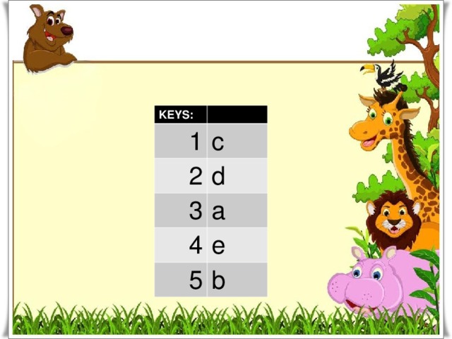 KEYS: 1 c 2 d 3 a 4 e 5 b 
