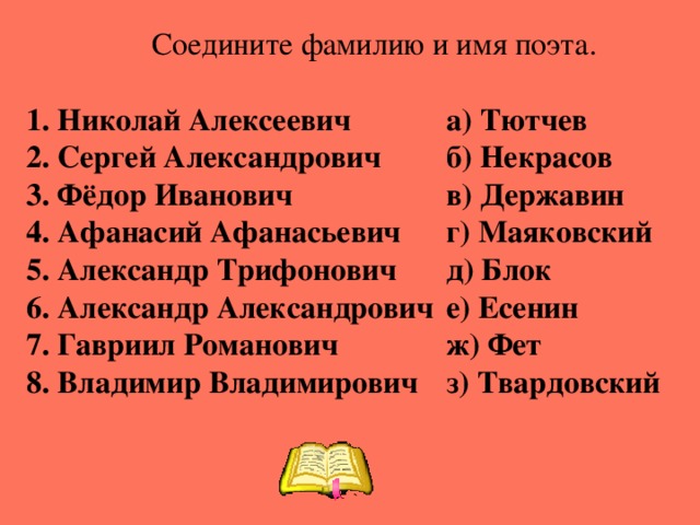  Соедините фамилию и имя поэта.   1. Николай Алексеевич   а) Тютчев  2. Сергей Александрович  б) Некрасов  3. Фёдор Иванович    в) Державин  4. Афанасий Афанасьевич  г) Маяковский  5. Александр Трифонович  д) Блок  6. Александр Александрович  е) Есенин  7. Гавриил Романович   ж) Фет  8. Владимир Владимирович  з) Твардовский 