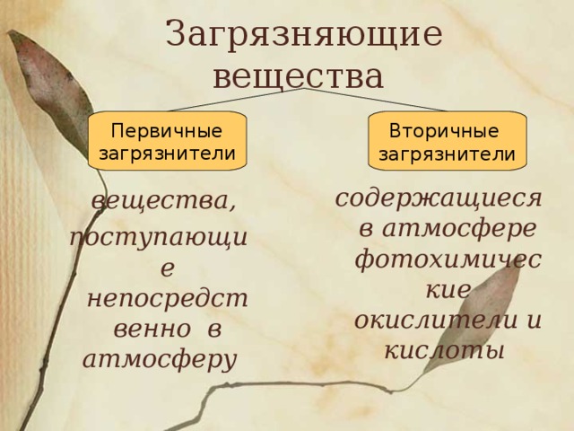 Загрязняющие вещества  вещества, поступающие непосредственно в атмосферу содержащиеся в атмосфере фотохимические окислители и кислоты Вторичные загрязнители Первичные загрязнители 