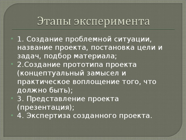1. Создание проблемной ситуации, название проекта, постановка цели и задач, подбор материала; 2.Создание прототипа проекта (концептуальный замысел и практическое воплощение того, что должно быть); 3. Представление проекта (презентация); 4. Экспертиза созданного проекта.