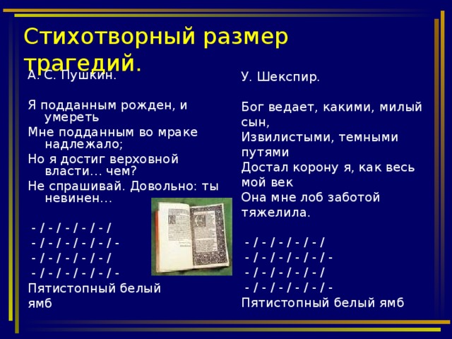 Стихотворный размер трагедий. А. С. Пушкин. Я подданным рожден, и умереть Мне подданным во мраке надлежало; Но я достиг верховной власти… чем? Не спрашивай. Довольно: ты невинен…  - / - / - / - / - /  - / - / - / - / - / -  - / - / - / - / - /  - / - / - / - / - / - Пятистопный белый ямб У. Шекспир. Бог ведает, какими, милый сын, Извилистыми, темными путями Достал корону я, как весь мой век Она мне лоб заботой тяжелила.  - / - / - / - / - /  - / - / - / - / - / -  - / - / - / - / - /  - / - / - / - / - / - Пятистопный белый ямб