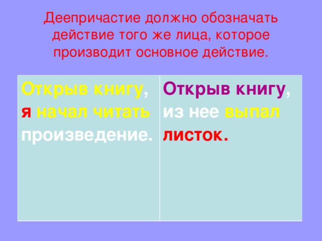 Деепричастие должно обозначать действие того же лица, которое производит основное действие. Открыв книгу , я начал читать произведение.  Открыв книгу , из нее выпал листок.  