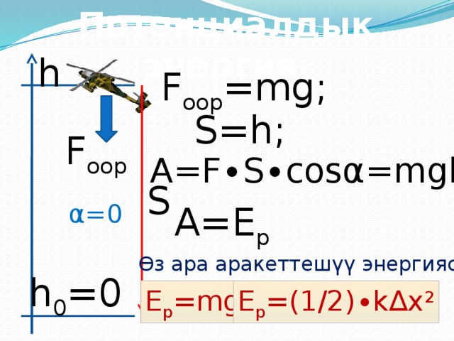  Потенциалдык энергия h F оор =mg; S=h; F оор A=F∙S∙cosα=mgh ; S α=0 A=E p Өз ара аракеттешүү энергиясы h 0 =0 E p =mgh E p =(1/2)∙k∆x 2 