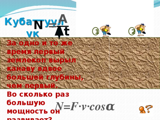  Кубаттуулук `1 A __ N  = Δt 1 2 За одно и то же время первый землекоп вырыл канаву вдвое большей глубины, чем первый. Во сколько раз большую мощность он развивает? N=F·v·cosα 