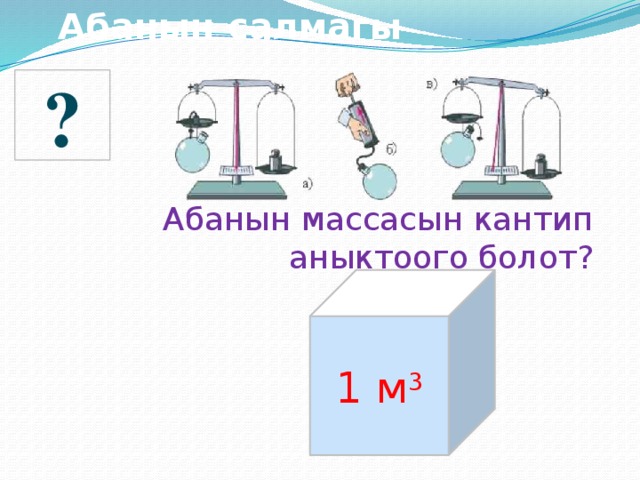  Абанын салмагы ? Абанын массасын кантип аныктоого болот? 1 м 3 1,29 кг  