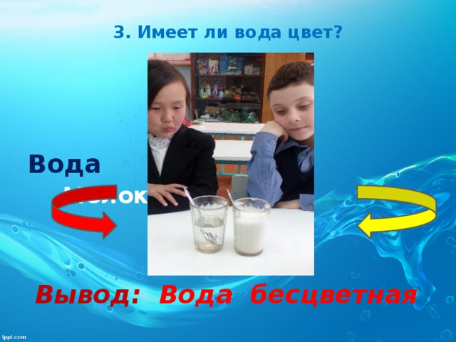 Вывод: Вода бесцветная 3. Имеет ли вода цвет?      Вода Молоко 