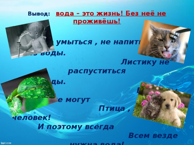 Вывод: вода – это жизнь! Без неё не проживёшь!    Не умыться , не напиться  без воды. Листику не распуститься  без воды. Без воды прожить не могут Птица , зверь и человек! И поэтому всегда Всем везде нужна вода! 