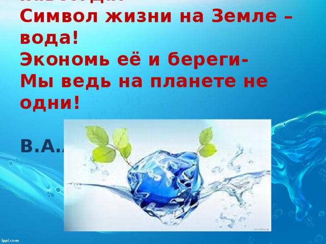 Человек, запомни навсегда!  Символ жизни на Земле – вода!  Экономь её и береги-  Мы ведь на планете не одни!  В.А.Андреев   